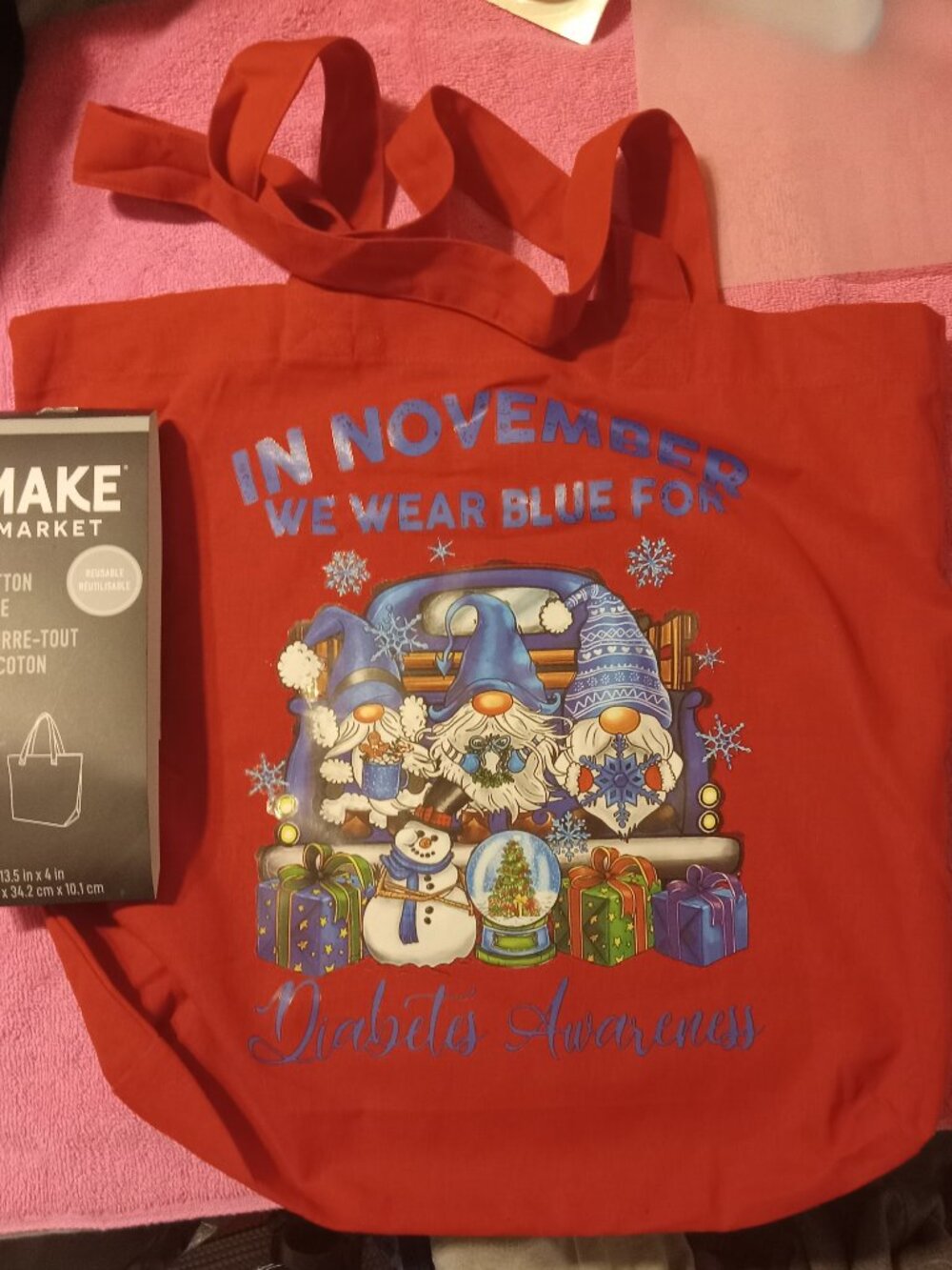 New Make Market cotton tote, red w/blue gnomes diabetes awareness transfer